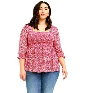 PINK FLORAL CHIFFON SMOCKED BABYDOLL BLOUSE